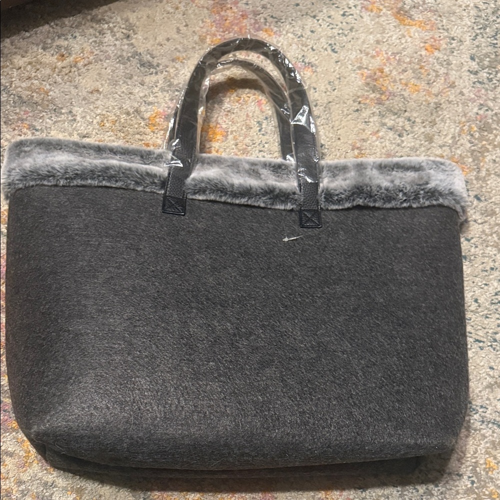 Gray Faux Fur Trim Large Tote Bag